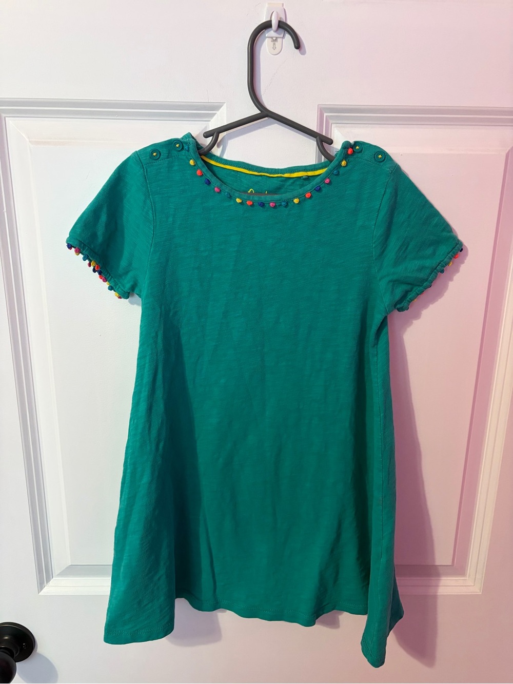 Mini Boden Teal Knit Top with Multicolor Pom Trim